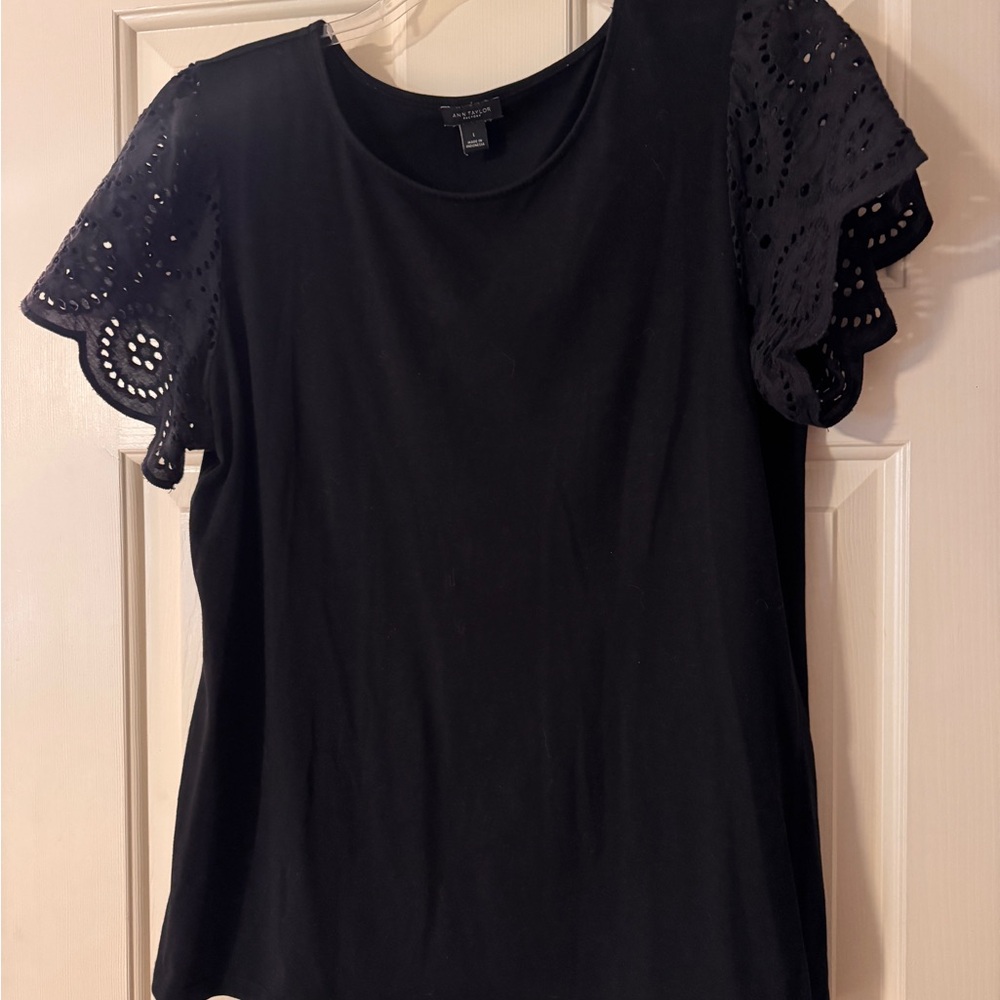 Ann Taylor Black Blouse with Eyelet Sleeves